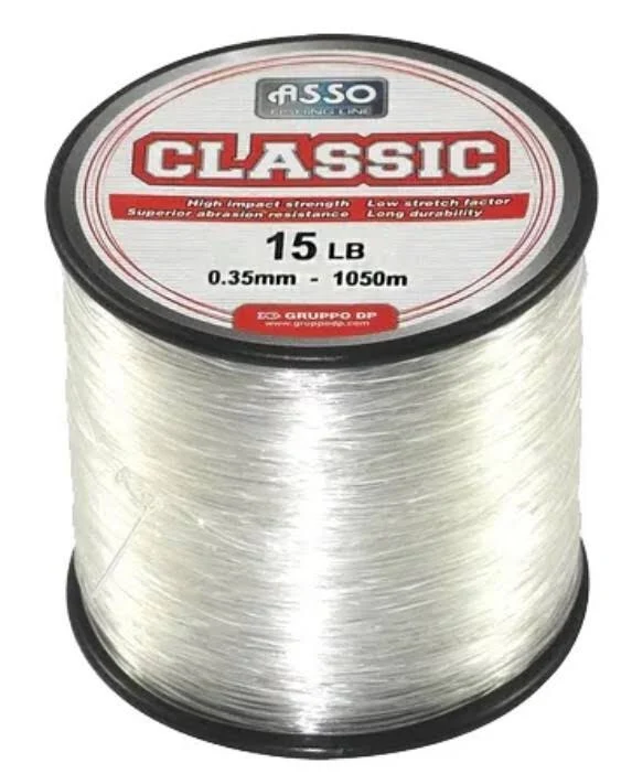 Spool of white fishing line labeled 'CLASSIC', 15 LB test, 0.35 mm diameter, 1050 m length.