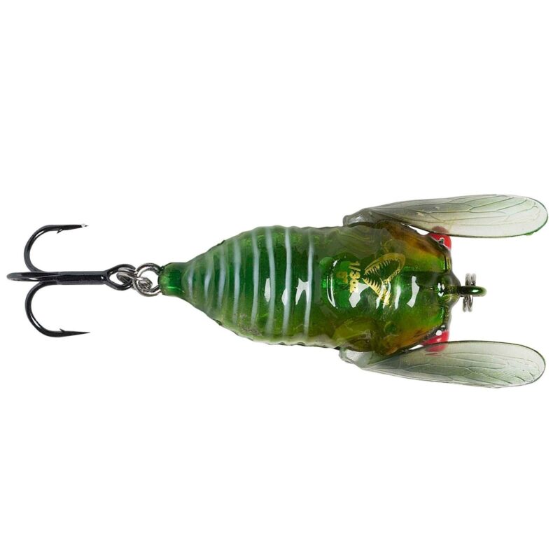 Green ribbed plastic fishing lure with treble hooks and twin metal spinner blades, viewed from the side