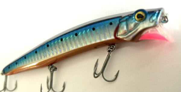 IMG_4849 - freddiethepillowandfriends.co.uk Holographic blue fishing lure with pink mouth and multiple treble hooks