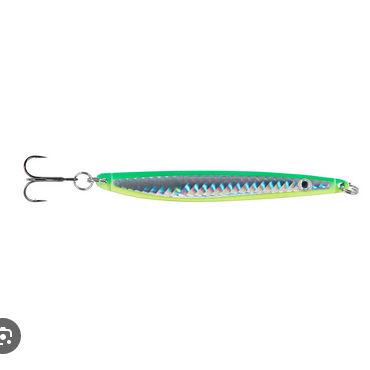 Green and blue iridescent fishing lure with a treble hook attached.