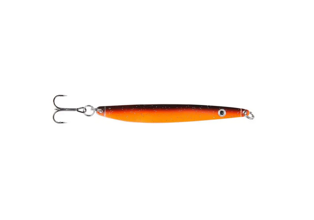 Orange minnow-shaped fishing lure with two treble hooks on a white background.