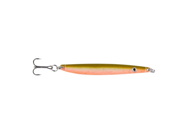 Plastic fishing lure with orange-pink belly and olive top, featuring two treble hooks at the tail and a small eye toward the front