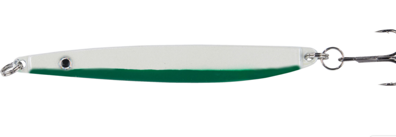 Silver and green fishing spoon lure with treble hook attached, eyelet at left and green underside/white top details