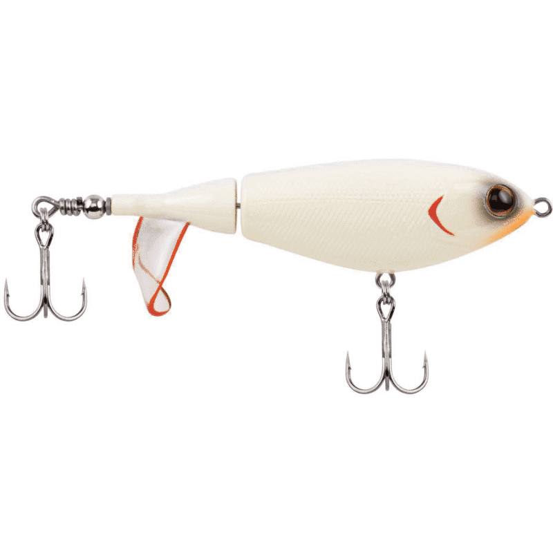 Yellow fishing lure with orange accents and multiple treble hooks attached to lines? in the image context of fishing gear, positioned horizontally across the frame.