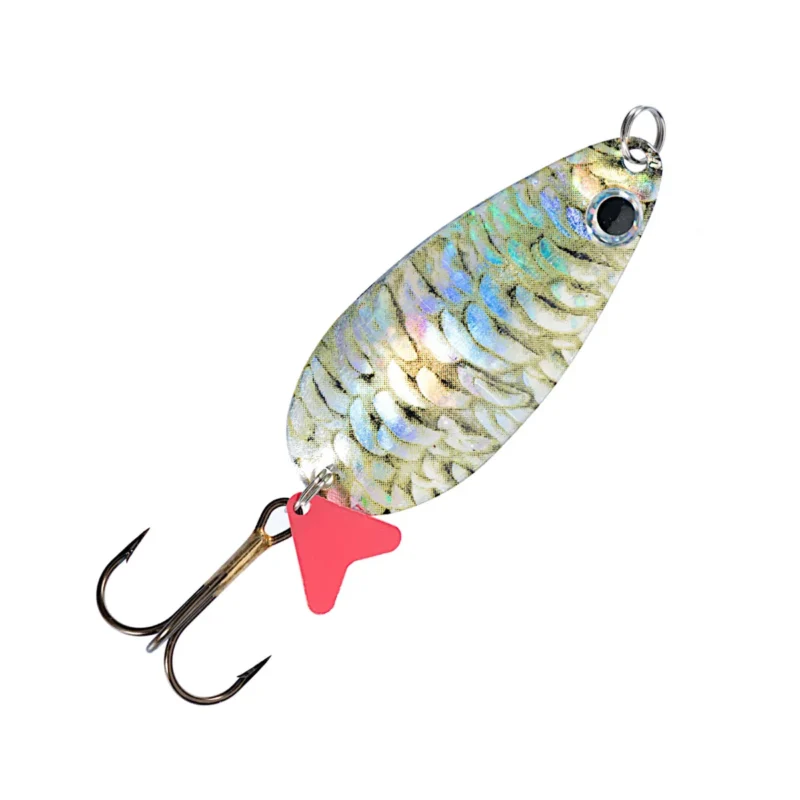 Holographic fishing spoon lure with iridescent scales, pink arrow-shaped blade, and two treble hooks