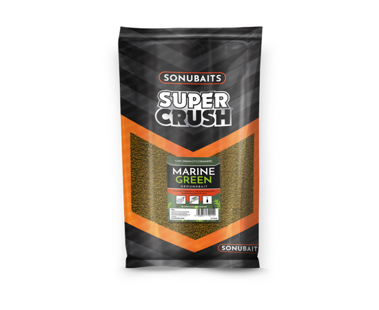 Bag of Sonubaits Super Crush Marine Green groundbait for fishing.