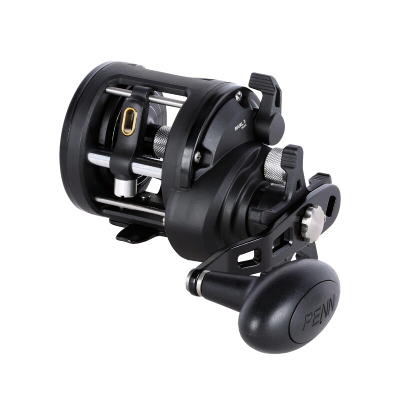 penn-rival-Ii-lw-boat-reels - freddiethepillowandfriends.co.uk Close-up of a black fishing reel with a silver spool and knurled handle knob.