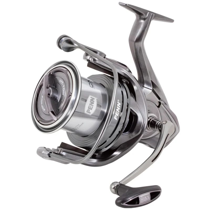 penn-tidal-xt-1 - freddiethepillowandfriends.co.uk Close-up of a silver spinning fishing reel with handle, spool visible, mounted for use in fishing gear
