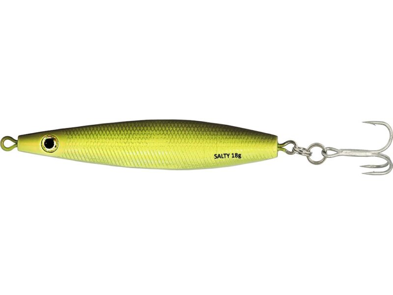 salty - freddiethepillowandfriends.co.uk Yellow-green fishing lure with a treble hook and ring, labeled Salty 18g on its side, used for saltwater fishing.
