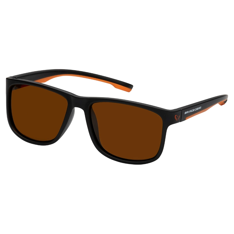 savage-gear-polarized-1-brown-revo - freddiethepillowandfriends.co.uk Black frame sunglasses with brown lenses and orange accent on the temple tips, Savage Gear branding on the arm.