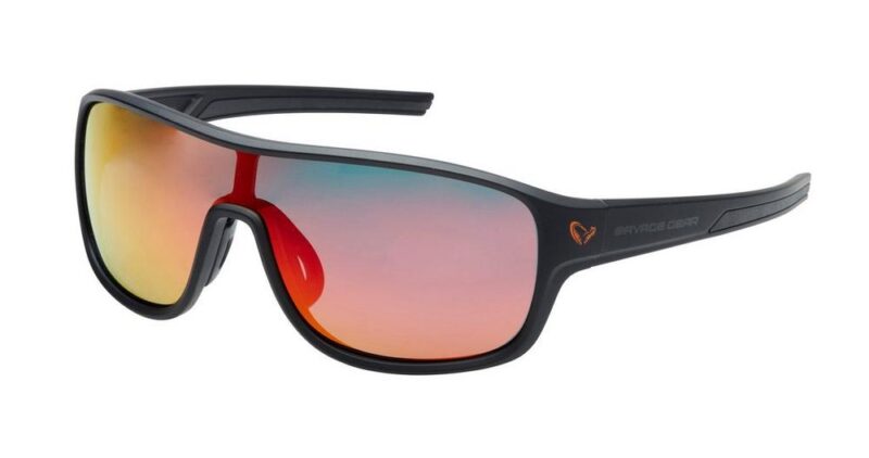 savage-gear-polarized-1-red-revo - freddiethepillowandfriends.co.uk Sports sunglasses with a black wraparound frame and mirrored orange-pink lenses, showing a reflected gradient.