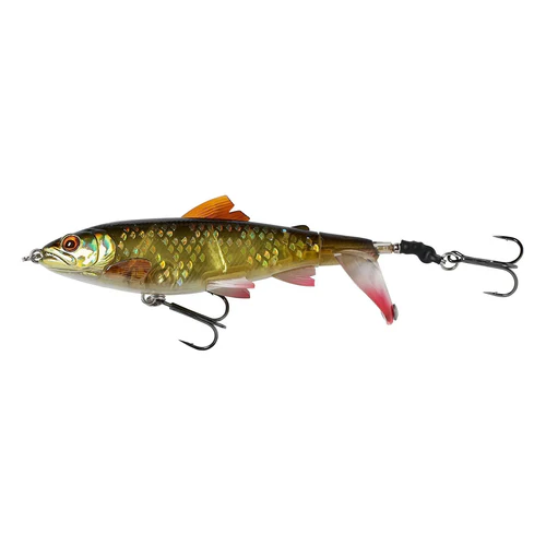 savage-gear-smashtail-rudd - freddiethepillowandfriends.co.uk Gold and green fish-shaped fishing lure with orange fins and two treble hooks against a white background.
