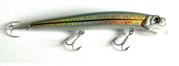 shamrock-bass-attack-shallow-feed-green-manalishi - freddiethepillowandfriends.co.uk Metallic elongated fishing lure with iridescent rainbow stripes and three treble hooks.