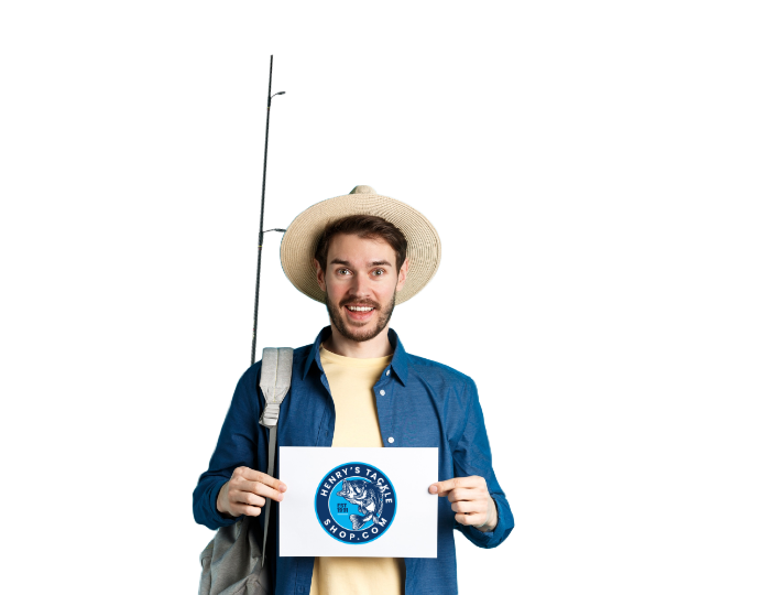 Smiling man in a straw hat and blue shirt holds a sign with a blue circular logo, with a fishing rod over his shoulder.