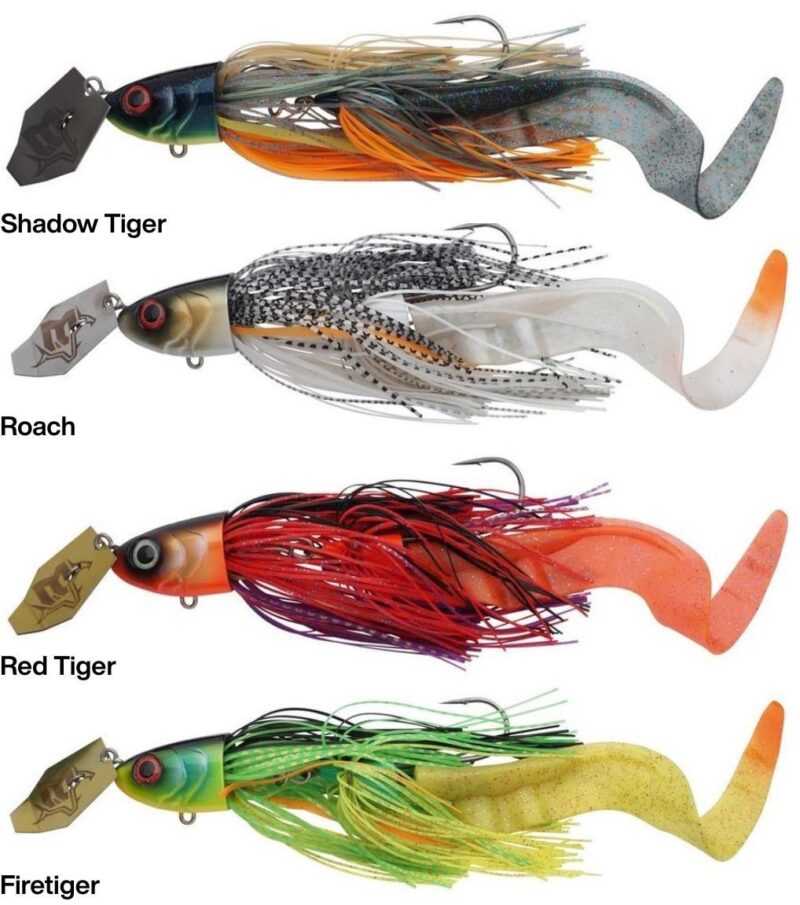 Row of four fishing lures with silicone skirts and curled tails labeled Shadow Tiger, Roach, Red Tiger, and Firetiger